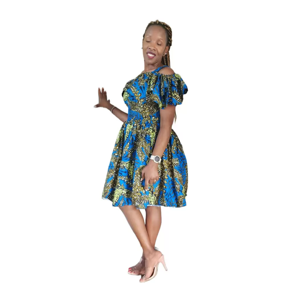 African Print Short Round Dress, Elastic Waistline for Women