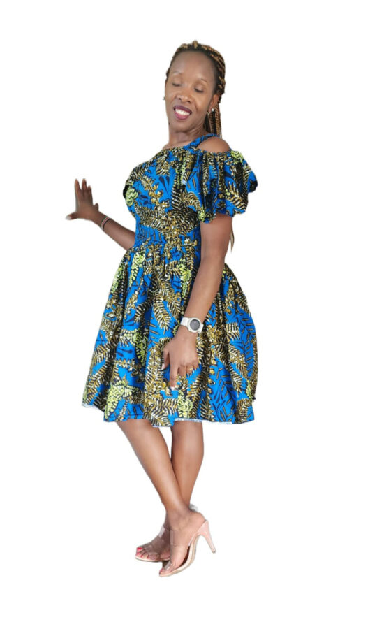 African Print Short Round Dress, Elastic Waistline for Women