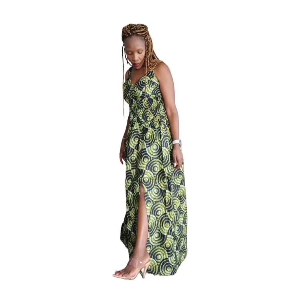 African Print Long Round Dress, Elastic Waistline for Women