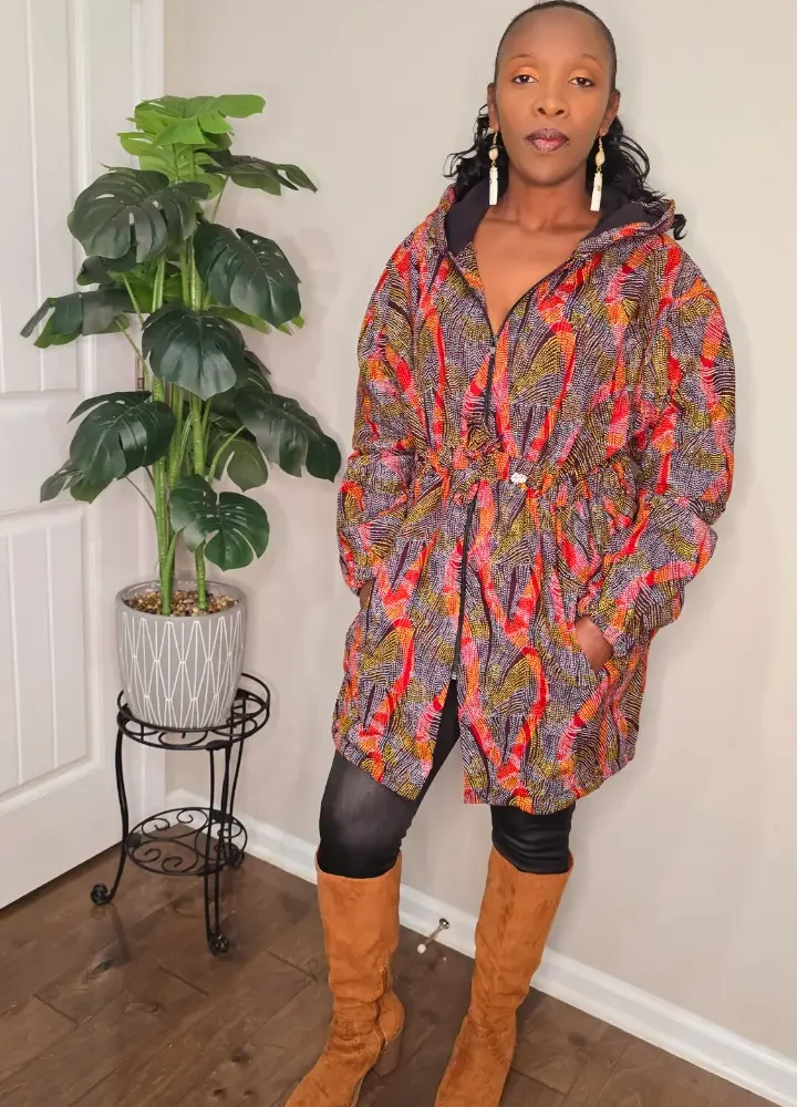 African Print Fleece Lined Hoodie Trench Coat