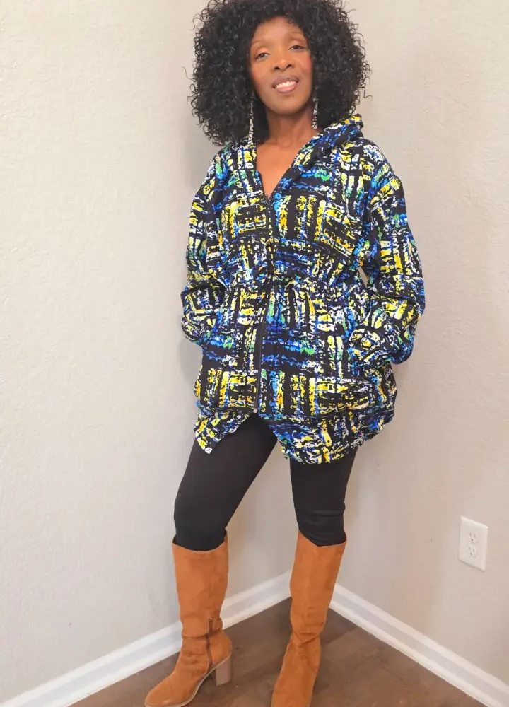 African Print Fleece Lined Hoodie Trench Coat