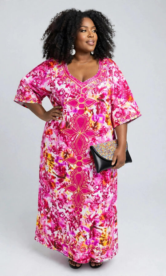 African Print Tie & Dye Embroidered Long Dress