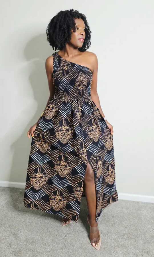 African Print One Arm Maxi Dress With Slit