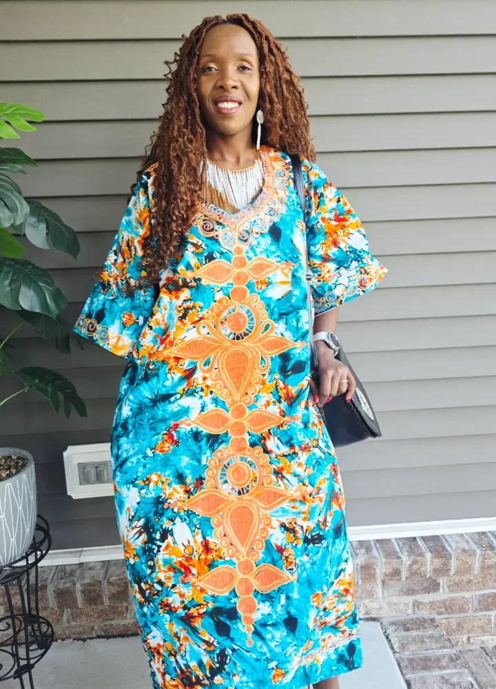 African Print Tie & Dye Embroidered Long Dress