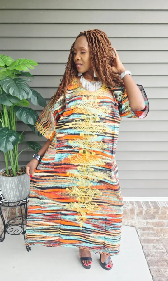 African Print Tie & Dye Embroidered Long Dress