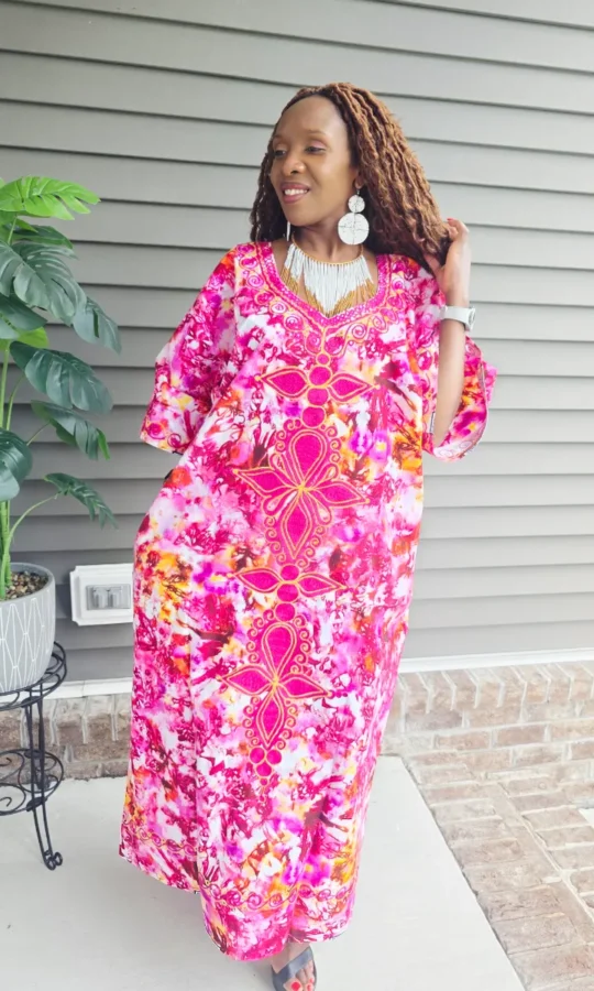 African Print Tie & Dye Embroidered Long Dress