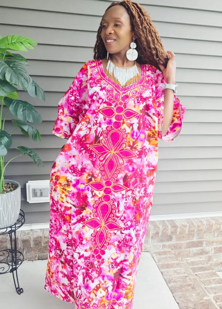 African Print Tie & Dye Embroidered Long Dress