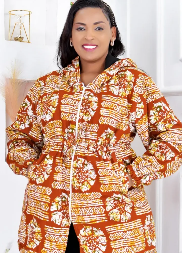 African Print Fleece Lined Hoodie Trench Coat