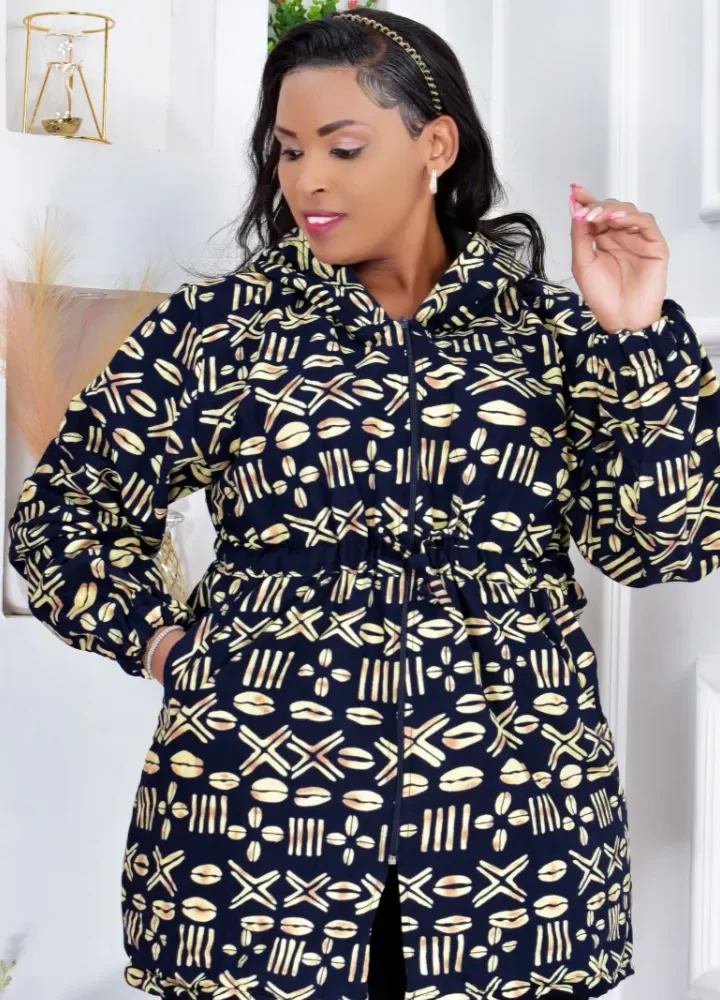 African Print Fleece Lined Hoodie Trench Coat