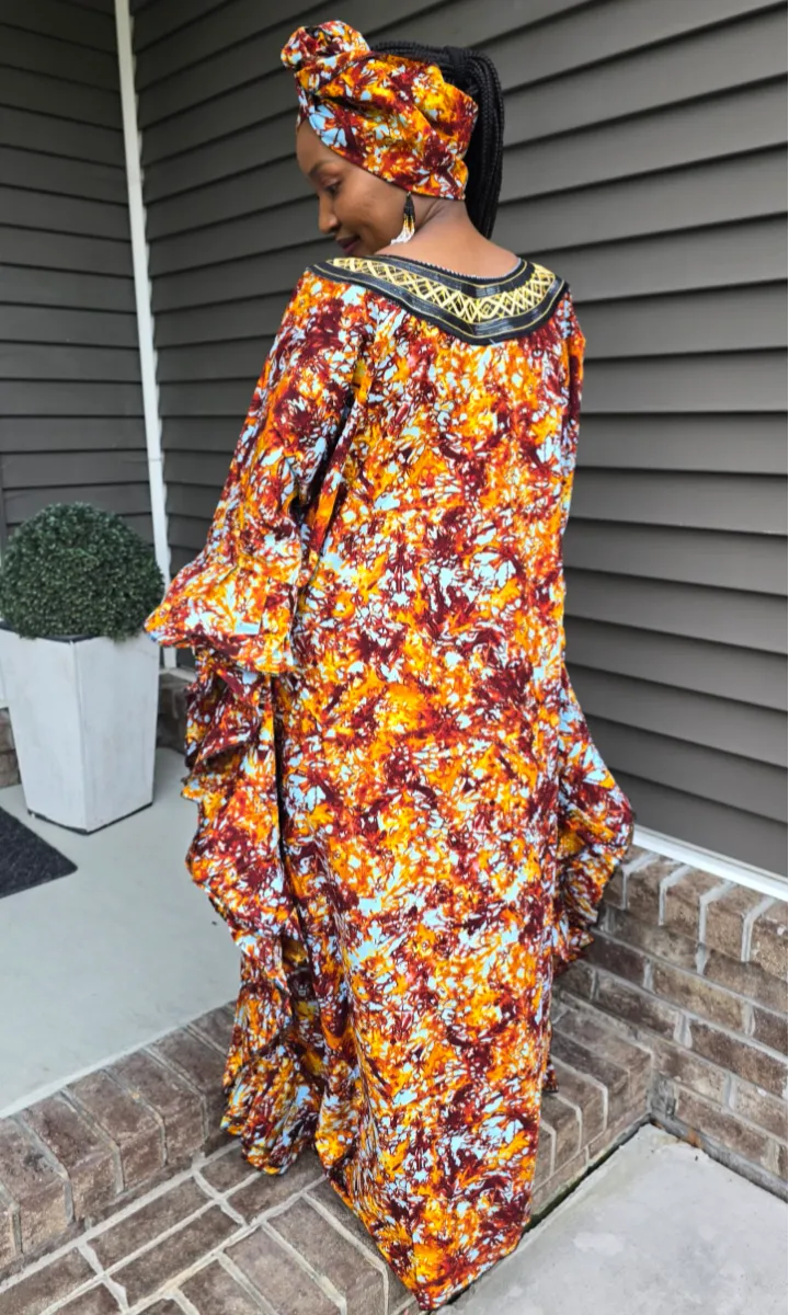 African Print Tie & Dye Kaftan Embroidered Long Dress