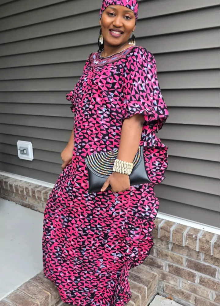 African Print Tie & Dye Kaftan Embroidered Long Dress