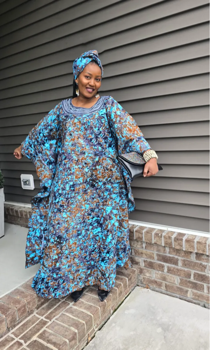 African Print Tie & Dye Kaftan Embroidered Long Dress