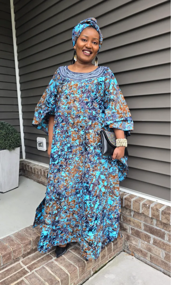 African Print Tie & Dye Kaftan Embroidered Long Dress