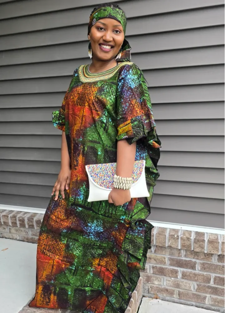 African Print Tie & Dye Kaftan Embroidered Long Dress