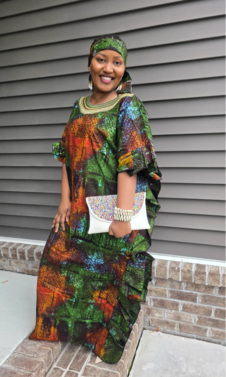 African Print Tie & Dye Kaftan Embroidered Long Dress