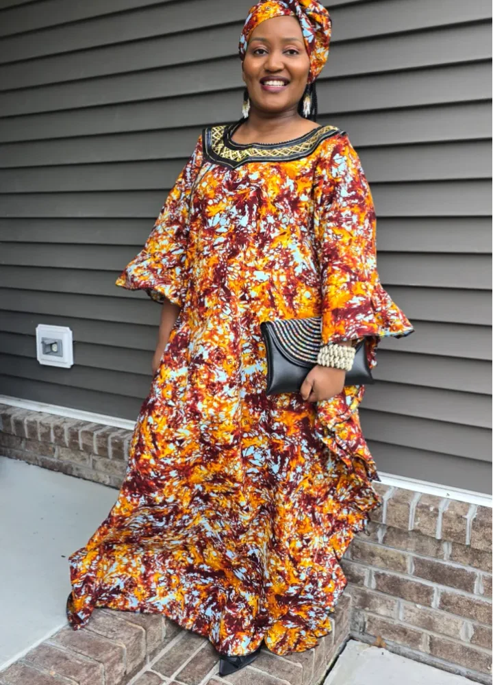 African Print Tie & Dye Kaftan Embroidered Long Dress