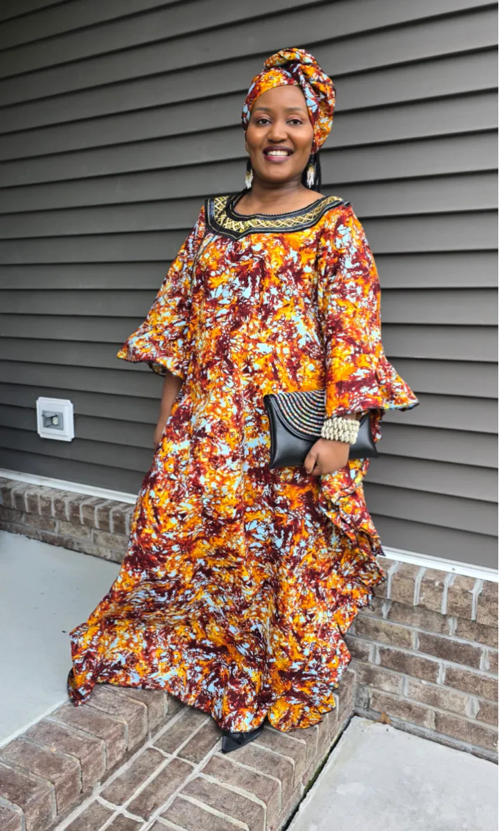 African Print Tie & Dye Kaftan Embroidered Long Dress