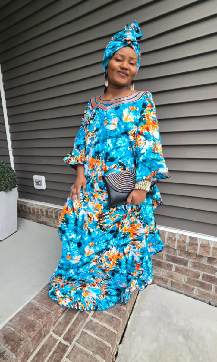 African Print Tie & Dye Kaftan Embroidered Long Dress