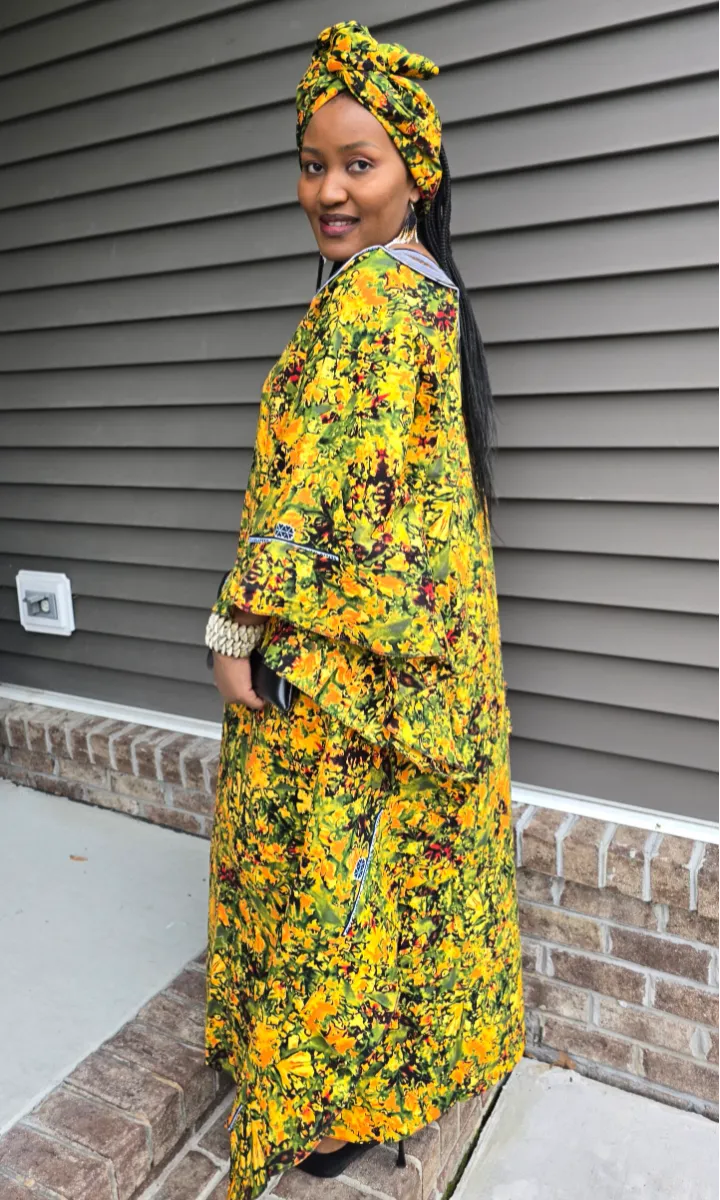 African Print Tie & Dye Kaftan Embroidered Long Dress