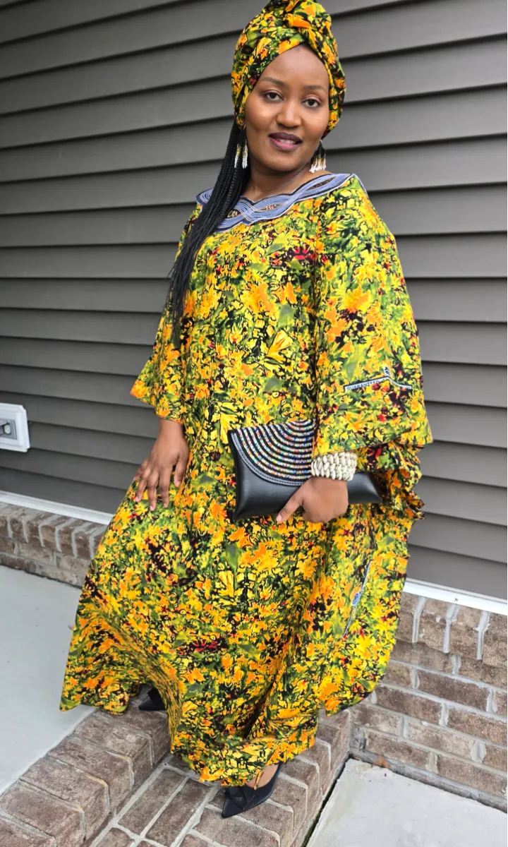 African Print Tie & Dye Kaftan Embroidered Long Dress