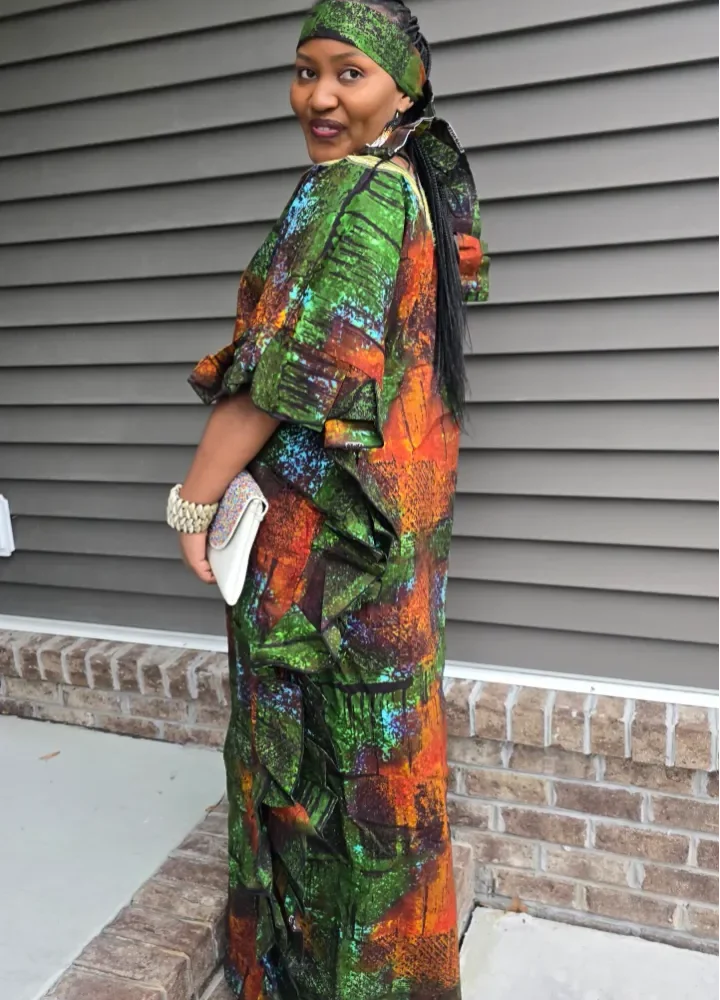 African Print Tie & Dye Kaftan Embroidered Long Dress