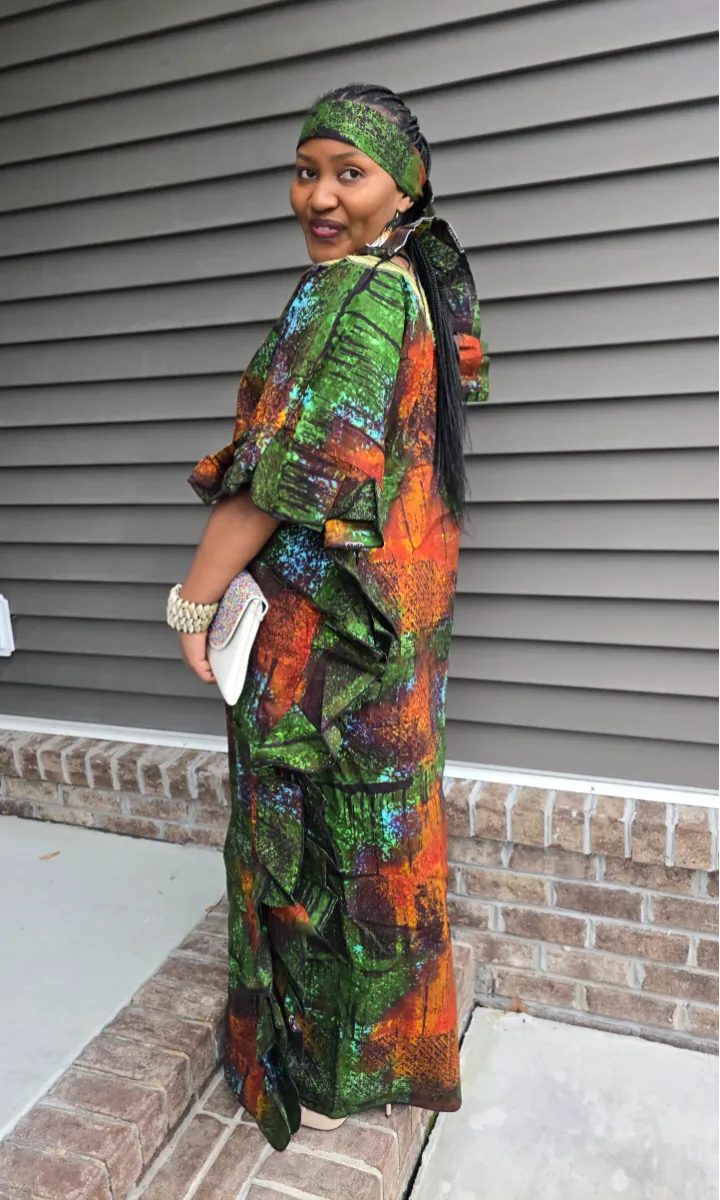 African Print Tie & Dye Kaftan Embroidered Long Dress