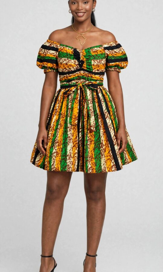Off-Shoulder Tie-Waist Batik Stripe Dress