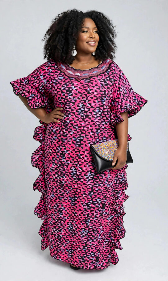 African Tie-Dye Kaftan Dress with Embroidered Neckline