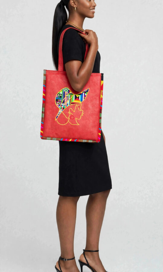 Leather Tote Bag with Embroidered African Lady Design